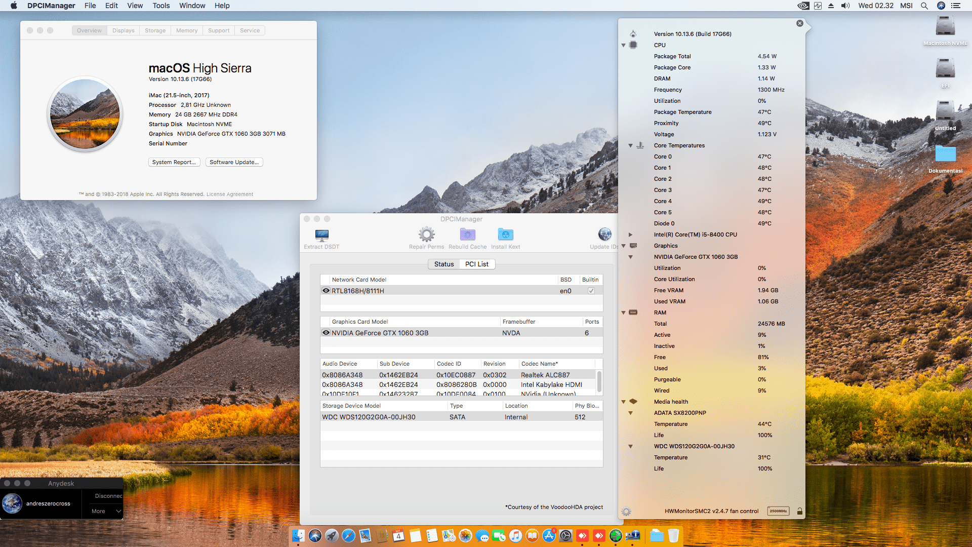 Success Hackintosh macOS High Sierra 10.13.6 Build 17G66 at MSI H370M Bazooka + Intel Core i5 8400 + MSI GeForce GTX 1060